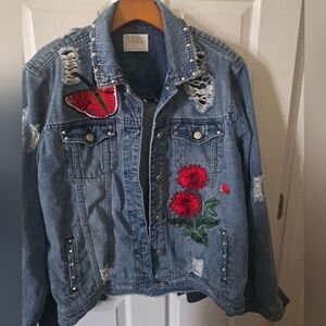 Tinseltown Women's Distressed Blue Jean Jacket With Silver Studs